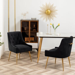 Seynar Velvet Tufted Dining Chairs With Gold Legs Set Of 2, Black, Upholstered For Living Or Study Room - thumbnail 2