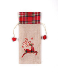 Shatchi Wine Bottle Liquor Cover Bag With Drawstring Printed Pattern Burlap Hessian Linen Novelty Dinner Table Decorations-Reindee - thumbnail 1