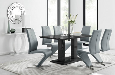 Furniturebox Imperia Black High Gloss 6 Seater Dining Table With Structural 2 Plinth Column Legs And 6 Elephant Grey Faux Leather Willow Chairs - image 1