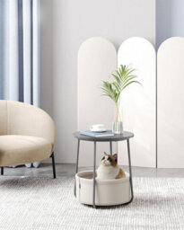 Songmics Vasagle Modern Side Table, Round End Table With Large Fabric Basket, Ideal For Living Room Or Bedroom, Cement Grey And Cloud White
