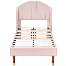 Abrihome 3Ft Single Bed With Slatted Frame And Headboard, Youth Bed, Wooden Slatted Support, Velvet, Pink - thumbnail 2