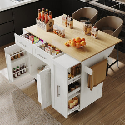 Abrihome Modern Kitchen Island On Wheels, Wood Grain Finish With Snack Shelves & Extendable Storage, Mobile Buffet Cabinet, White - image 1