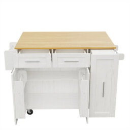 Abrihome Modern Kitchen Island On Wheels, Wood Grain Finish With Snack Shelves & Extendable Storage, Mobile Buffet Cabinet, White - thumbnail 6