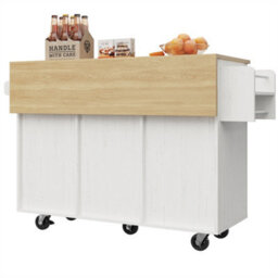 Abrihome Modern Kitchen Island On Wheels, Wood Grain Finish With Snack Shelves & Extendable Storage, Mobile Buffet Cabinet, White - thumbnail 5