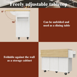 Abrihome Modern Kitchen Island On Wheels, Wood Grain Finish With Snack Shelves & Extendable Storage, Mobile Buffet Cabinet, White - thumbnail 2