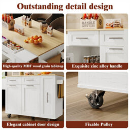 Abrihome Modern Kitchen Island On Wheels, Wood Grain Finish With Snack Shelves & Extendable Storage, Mobile Buffet Cabinet, White - thumbnail 4
