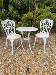 Sh&g Scotney 2 Seat Bistro Set - 3 Piece Round Table & Chairs - White Cast Aluminium With Cream Cushions - Indoor & Outdoor - thumbnail 2