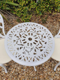 Sh&g Scotney 2 Seat Bistro Set - 3 Piece Round Table & Chairs - White Cast Aluminium With Cream Cushions - Indoor & Outdoor - thumbnail 3