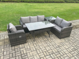 Fimous 6 Seater Garden Rattan Furniture Dining Table Sofa Set Indoor Outdoor With Reclining Chairs Side Table Dark Grey Mixed - thumbnail 1
