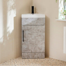 Homestylestore 450mm Concrete Grey Floorstanding Corner Bathroom Vanity Unit And Black T Bar Handle - thumbnail 1