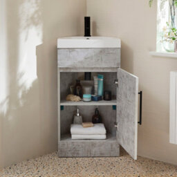 Homestylestore 450mm Concrete Grey Floorstanding Corner Bathroom Vanity Unit And Black T Bar Handle - thumbnail 2