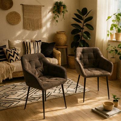 Wyld Haus Buttonfern Set Of 2 Taupe Bouclé Tufted Dining Chairs With Armrests And Black Steel Legs - image 1