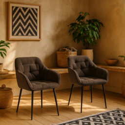 Wyld Haus Buttonfern Set Of 2 Taupe Bouclé Tufted Dining Chairs With Armrests And Black Steel Legs - thumbnail 2