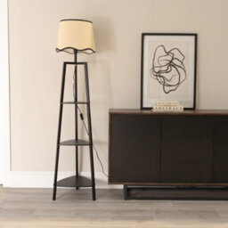Valuelights Hiru Black 3 Tier Shelf Floor Lamp With Black Trim Scallop Shade And Bulb - thumbnail 2