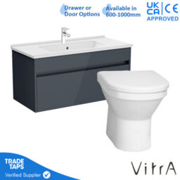 Vitra 1000mm Wall Hung Bathroom Vanity Unit With 1 Drawer Includes Basin, Chrome Tap And Back To Wall Toilet - Grey Gloss - thumbnail 1