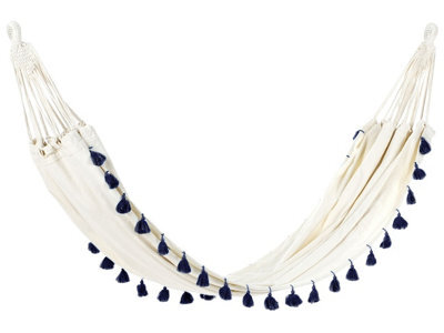 Wyld And Coco Cotton Garden Hammock Beige With Dark Blue Seat, Pom-Pom Detailing, Large W290 X D150 Cm - image 1