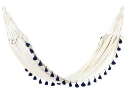 Wyld And Coco Cotton Garden Hammock Beige With Dark Blue Seat, Pom-Pom Detailing, Large W290 X D150 Cm - thumbnail 1