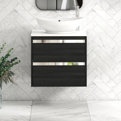 Royal Bathrooms Orion 600mm Hale Black Wall Hung Plain White Countertop Vanity Unit 2 Drawer With Amaze Basin & Chrome Accent Trim - image 1