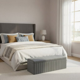 150Cm Wide Lux Ottoman Storage Box, Steel Grey Velvet Upholstered Full Striped Storage Ottoman Box - thumbnail 2