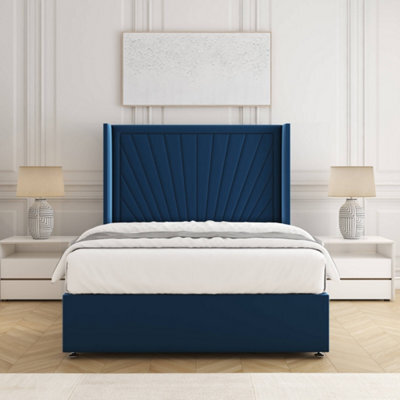 Bsspoke Alina Divan Bed Set Blue Plush Velvet 54Inch Wingedback Panel Headboard & Mattress No Drawers In All Sizes - image 1
