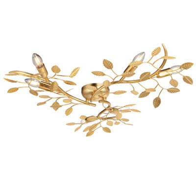 Gold Leaf Flush Ceiling Light - 6 Bulb Decorative Fitting - Low Profile Lighting - image 1