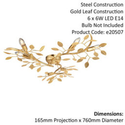 Gold Leaf Flush Ceiling Light - 6 Bulb Decorative Fitting - Low Profile Lighting - thumbnail 2