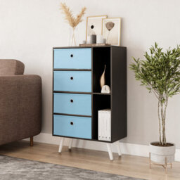 Urbn-Living Urbnliving 84Cm Height Black 6 Section Wooden Storage Bookcase With White Legs Sky Blue Drawers - thumbnail 1