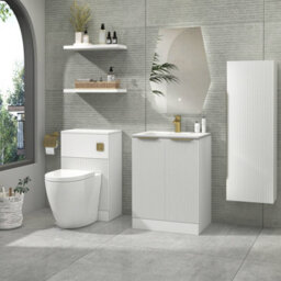 Royal Bathrooms Evora 600mm Matt White Fluted Floor Standing Bathroom Vanity Unit 2 Door Cabinet Storage With Stone Basin & Brushed Brass Handles - thumbnail 2