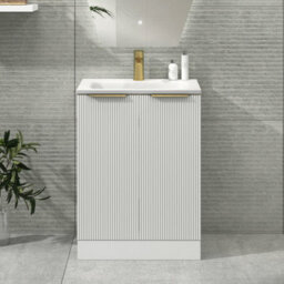 Royal Bathrooms Evora 600mm Matt White Fluted Floor Standing Bathroom Vanity Unit 2 Door Cabinet Storage With Stone Basin & Brushed Brass Handles