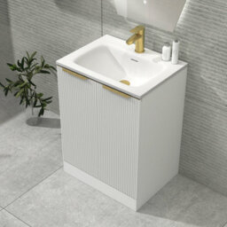 Royal Bathrooms Evora 600mm Matt White Fluted Floor Standing Bathroom Vanity Unit 2 Door Cabinet Storage With Stone Basin & Brushed Brass Handles - thumbnail 4