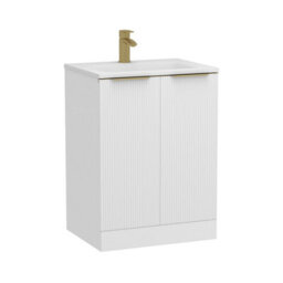 Royal Bathrooms Evora 600mm Matt White Fluted Floor Standing Bathroom Vanity Unit 2 Door Cabinet Storage With Stone Basin & Brushed Brass Handles - thumbnail 6