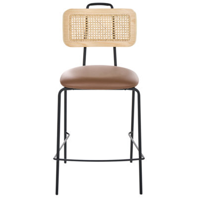 Wyld And Coco Luxeboho Set Of 2 Brown Faux Leather Bar Chairs With Pe Rattan Back, Powder-Coated Iron Frame - image 1