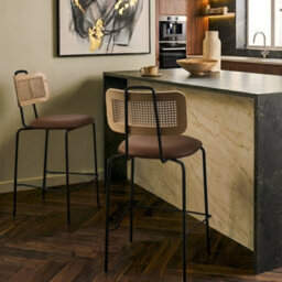 Wyld And Coco Luxeboho Set Of 2 Brown Faux Leather Bar Chairs With Pe Rattan Back, Powder-Coated Iron Frame - thumbnail 2