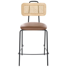 Wyld And Coco Luxeboho Set Of 2 Brown Faux Leather Bar Chairs With Pe Rattan Back, Powder-Coated Iron Frame - thumbnail 1