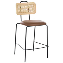 Wyld And Coco Luxeboho Set Of 2 Brown Faux Leather Bar Chairs With Pe Rattan Back, Powder-Coated Iron Frame - thumbnail 4