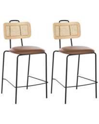 Wyld And Coco Luxeboho Set Of 2 Brown Faux Leather Bar Chairs With Pe Rattan Back, Powder-Coated Iron Frame - thumbnail 3