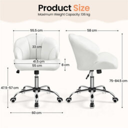 Yaheetech Faux Leather Desk Chair With Tufted Shell-Shaped Back And Rolling Wheels, Adjustable Seat Height, White - thumbnail 3