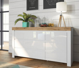 Impact Furniture Sideboard Cabinet Large 3 Drawers Unit Modern White Gloss Oak Effect Soft Close Storage Holten - thumbnail 2