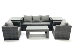 Fimous Rattan Garden Furniture Set Outdoor Lounger Sofa With Coffee Table 2 Armchair 2 Side Tables Dark Grey Mixed - thumbnail 1