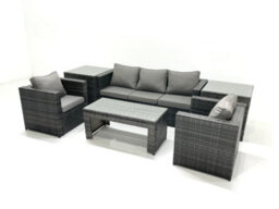 Fimous Rattan Garden Furniture Set Outdoor Lounger Sofa With Coffee Table 2 Armchair 2 Side Tables Dark Grey Mixed - thumbnail 2