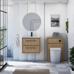 Royal Bathrooms Livora 600mm Natural Oak Wall Hung Bathroom Vanity Unit 2 Drawer With Carrara White Basin & Matt Black Handle - thumbnail 3