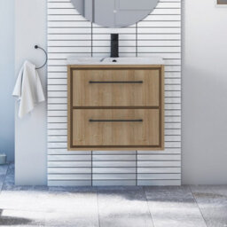 Royal Bathrooms Livora 600mm Natural Oak Wall Hung Bathroom Vanity Unit 2 Drawer With Carrara White Basin & Matt Black Handle - thumbnail 1