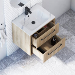 Royal Bathrooms Livora 600mm Natural Oak Wall Hung Bathroom Vanity Unit 2 Drawer With Carrara White Basin & Matt Black Handle - thumbnail 4