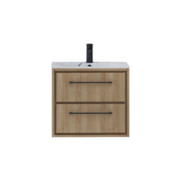 Royal Bathrooms Livora 600mm Natural Oak Wall Hung Bathroom Vanity Unit 2 Drawer With Carrara White Basin & Matt Black Handle - thumbnail 5
