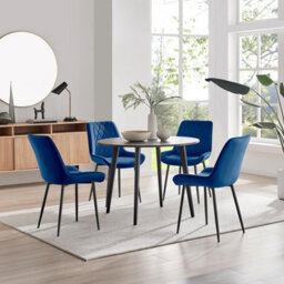 Furniturebox Uk Koko Walnut Effect Round Dining Table & 4 Navy Pesaro Black Leg Chairs