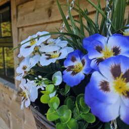Best Artificial 14 Inch / 35Cm Blue & White Faux Pansy Flower With Rattan Wicker Hanging Basket For Indoor Or Outdoor Use - thumbnail 2
