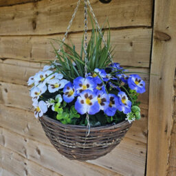 Best Artificial 14 Inch / 35Cm Blue & White Faux Pansy Flower With Rattan Wicker Hanging Basket For Indoor Or Outdoor Use