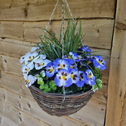 Best Artificial 14 Inch / 35Cm Blue & White Faux Pansy Flower With Rattan Wicker Hanging Basket For Indoor Or Outdoor Use - thumbnail 3