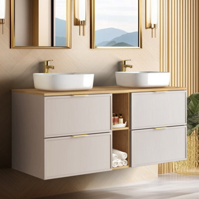 Heze Furniture Slim Modern 4 Drawer Bathroom Cabinet Vanity Unit With Extra Storage 140Cm With Worktop - Cashmere - image 1