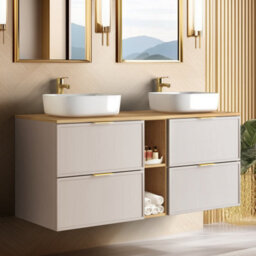 Heze Furniture Slim Modern 4 Drawer Bathroom Cabinet Vanity Unit With Extra Storage 140Cm With Worktop - Cashmere - thumbnail 1